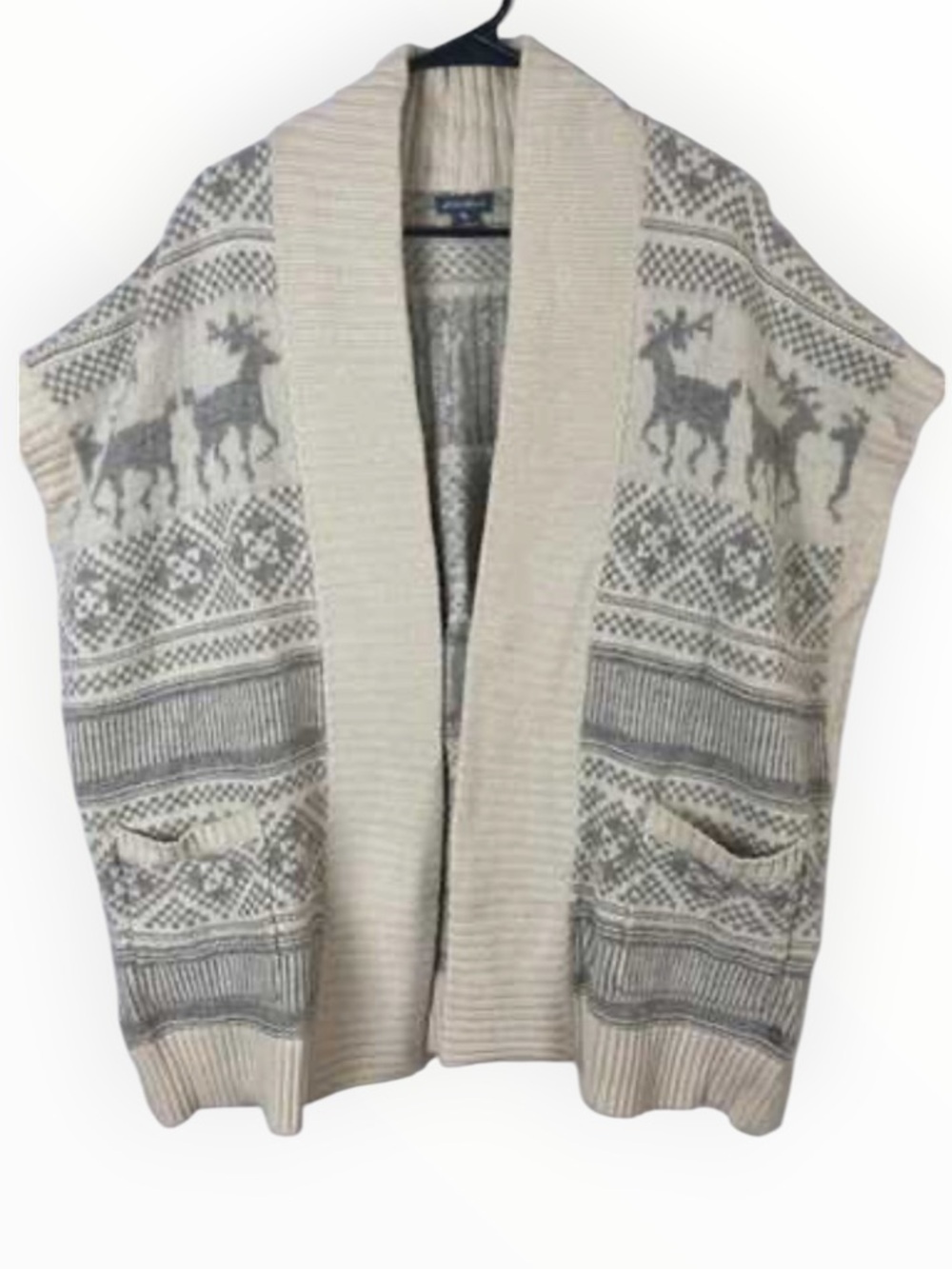 Eddie Vauer Wool Blend Open Front Reendier Shurg Poncho Oatmeal Fair Isle